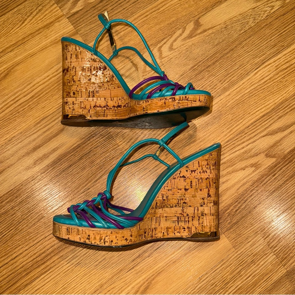 Salvatore Ferragamo‎ Purple and Teal Braided Lacquer Cork Wedge Sandals 8.5 C - Picture 5 of 11